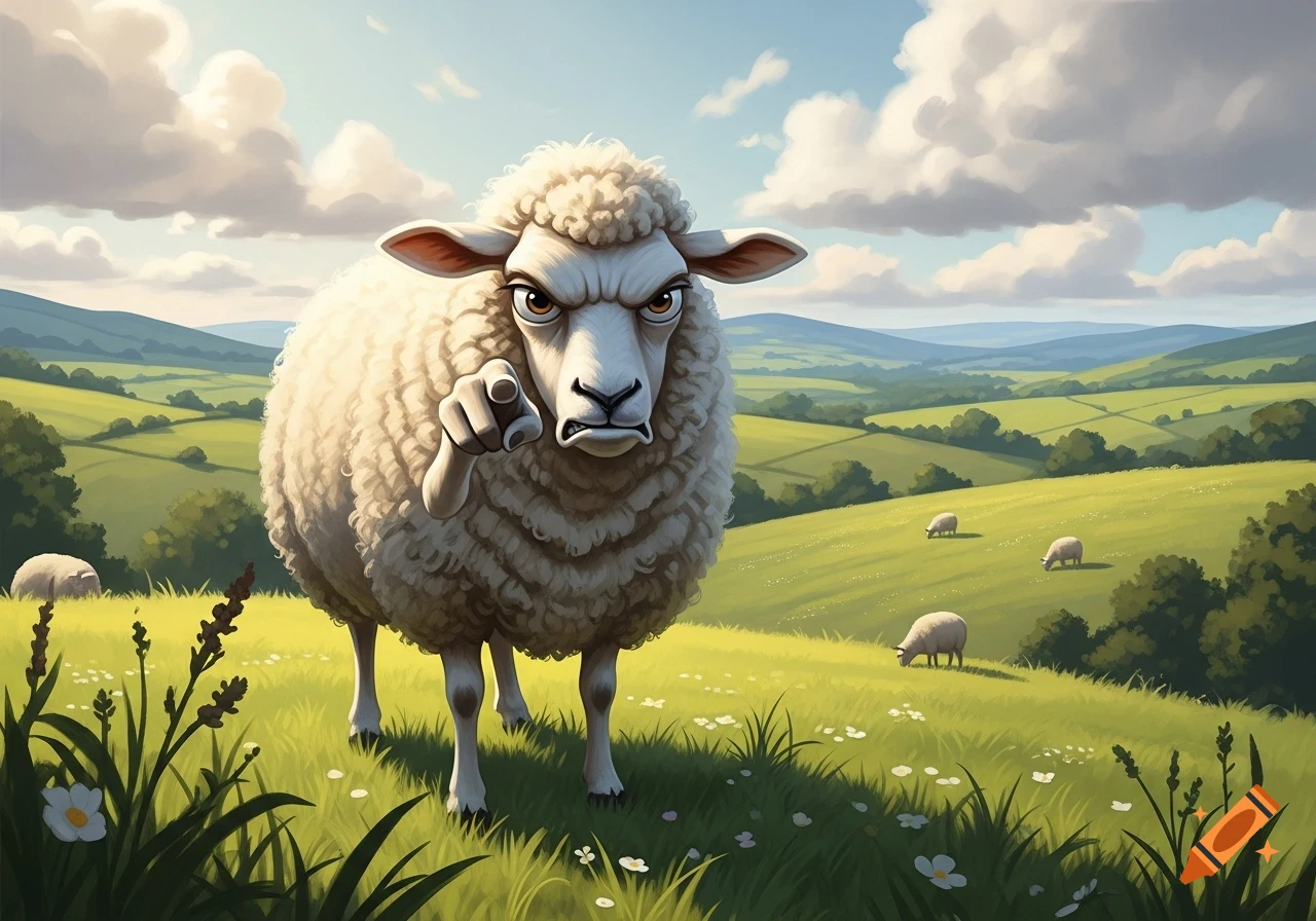 An angry cartoon sheep points at the viewer from a green field with hills.
