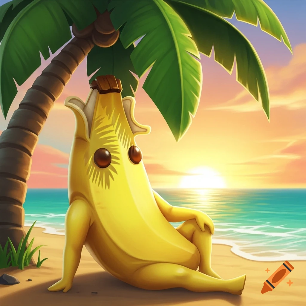 Cartoon Peely character from Fortnite relaxing under a palm tree on a sandy beach at sunset.