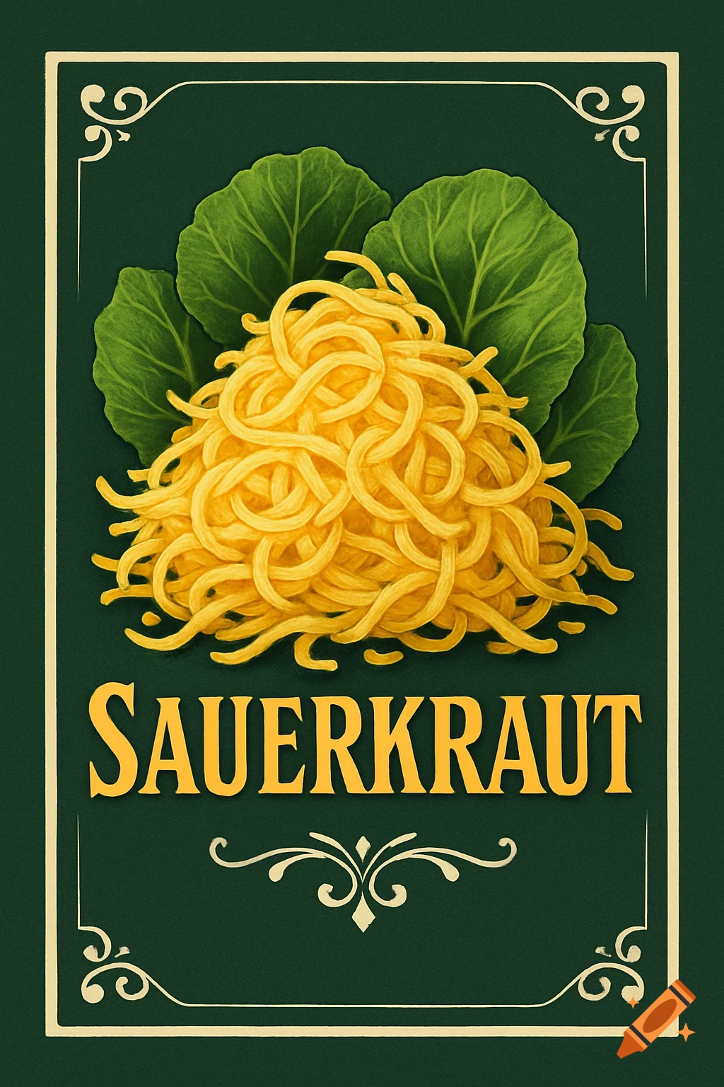 Vintage style illustration of a pile of yellow sauerkraut and green cabbage leaves on a dark green background, with 'SAUERKRAUT' text.