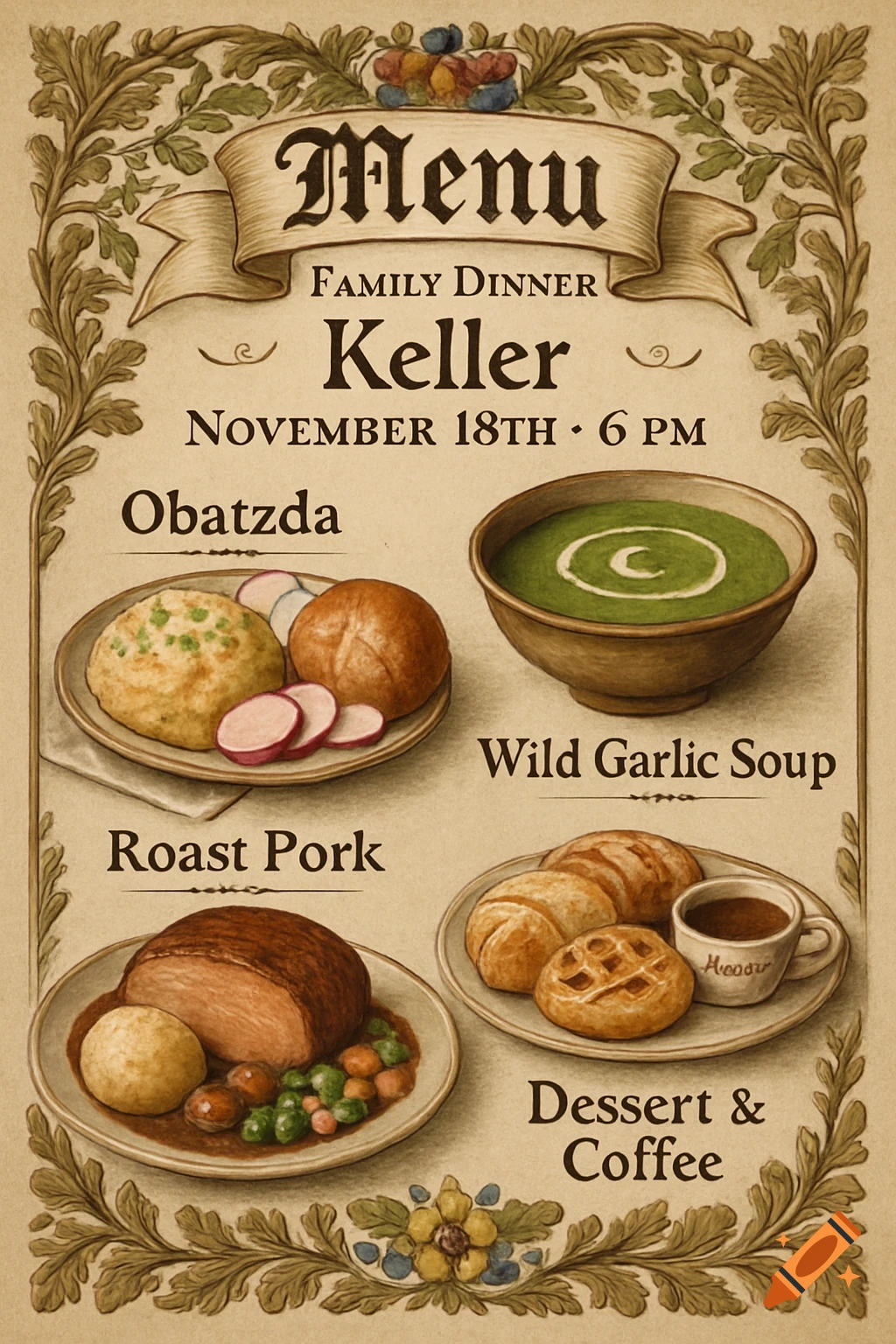 A rustic, illustrated menu card for a &amp;#39;Family Dinner Keller&amp;#39; on ...
