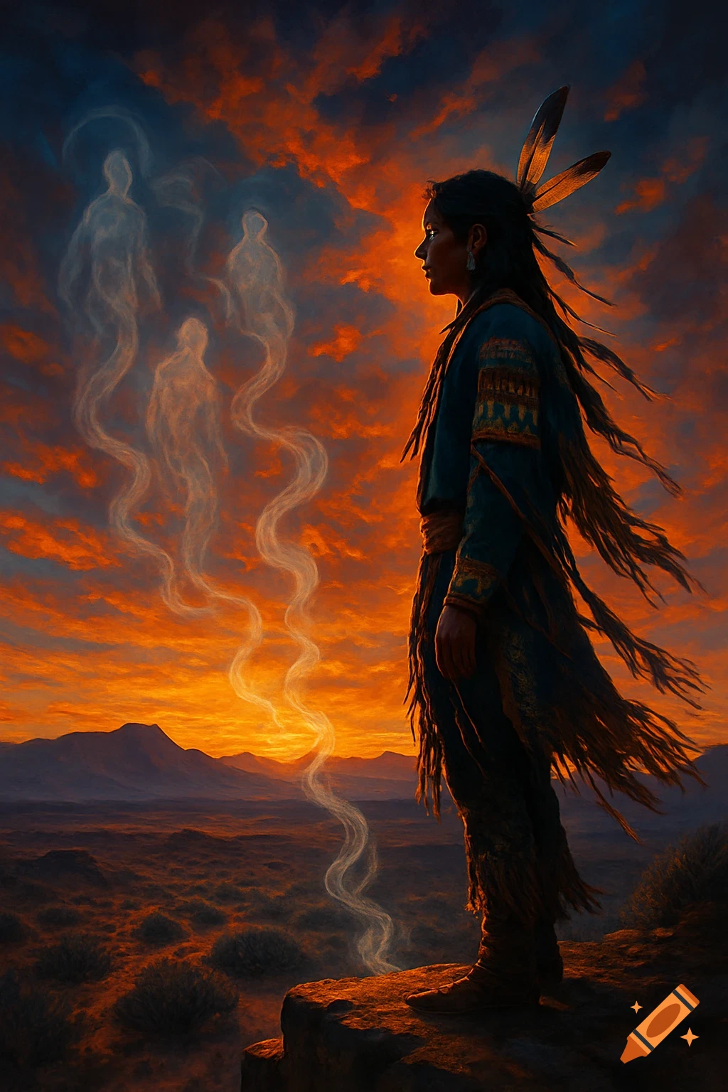 Figure with feathers on a cliff, facing three glowing spirit-like figures in an orange sunset over a desert.