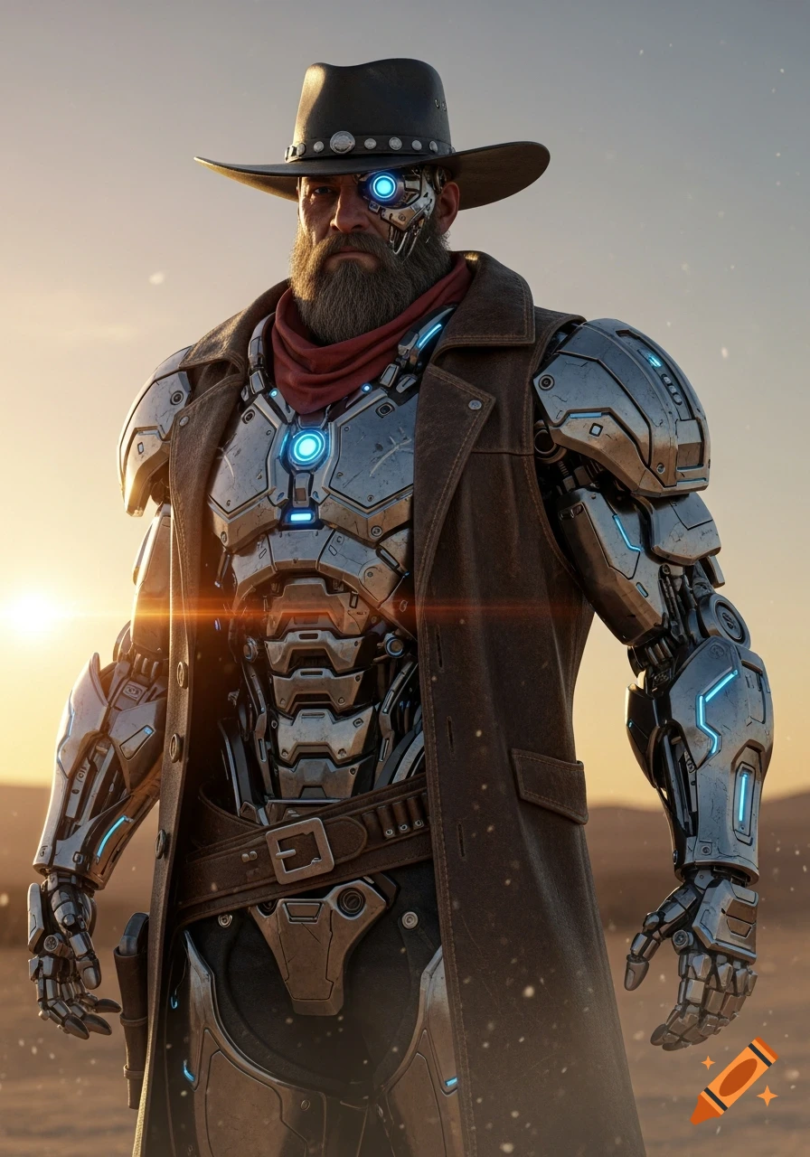 Photorealistic cyborg cowboy with a beard, hat, and duster coat, featuring glowing blue cybernetics, in a desert at sunset.