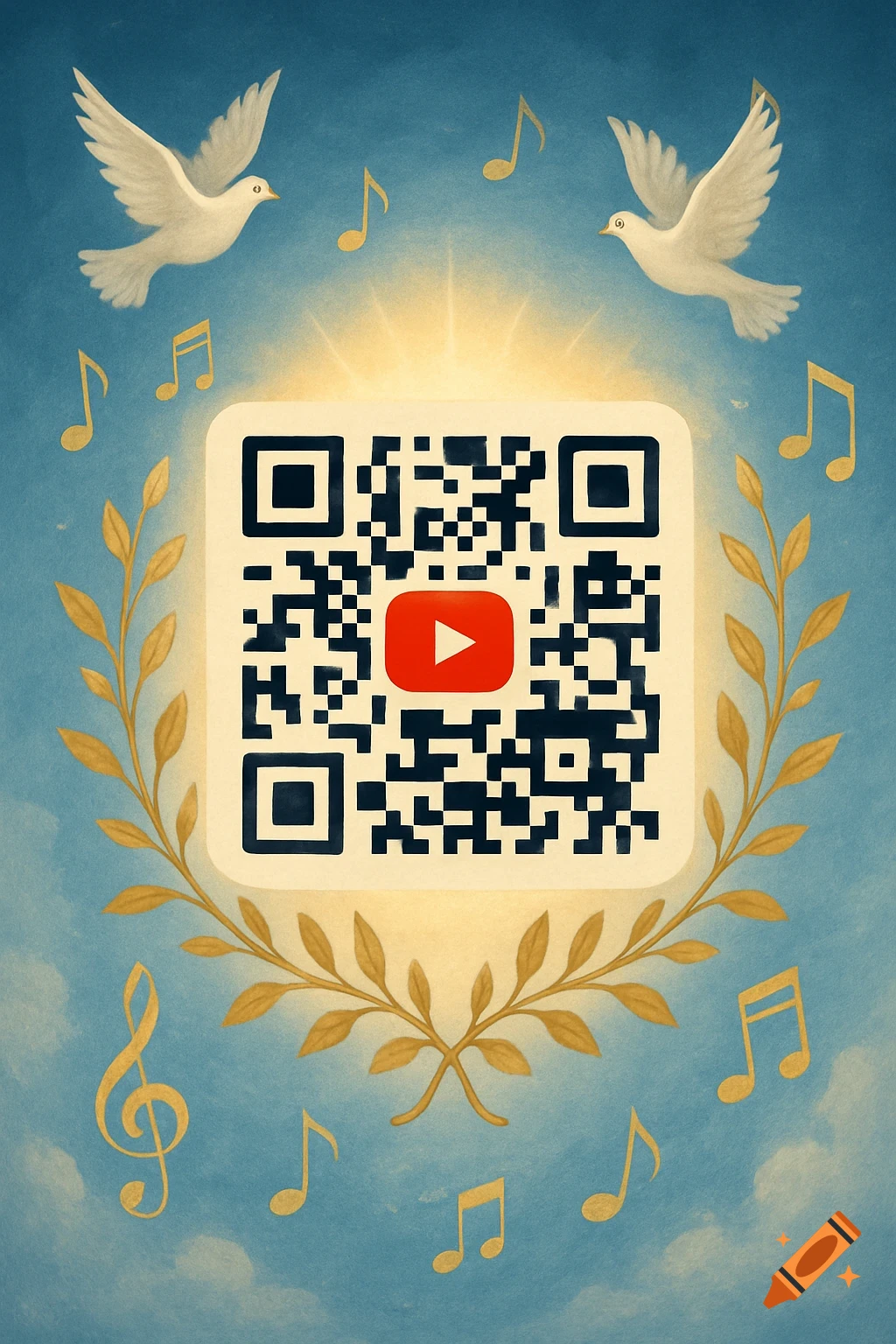 A decorative QR code for a YouTube channel with a red play button logo, surrounded by golden olive branches and musical notes, beneath two white doves, all against a blue sky with a sunburst effect.
