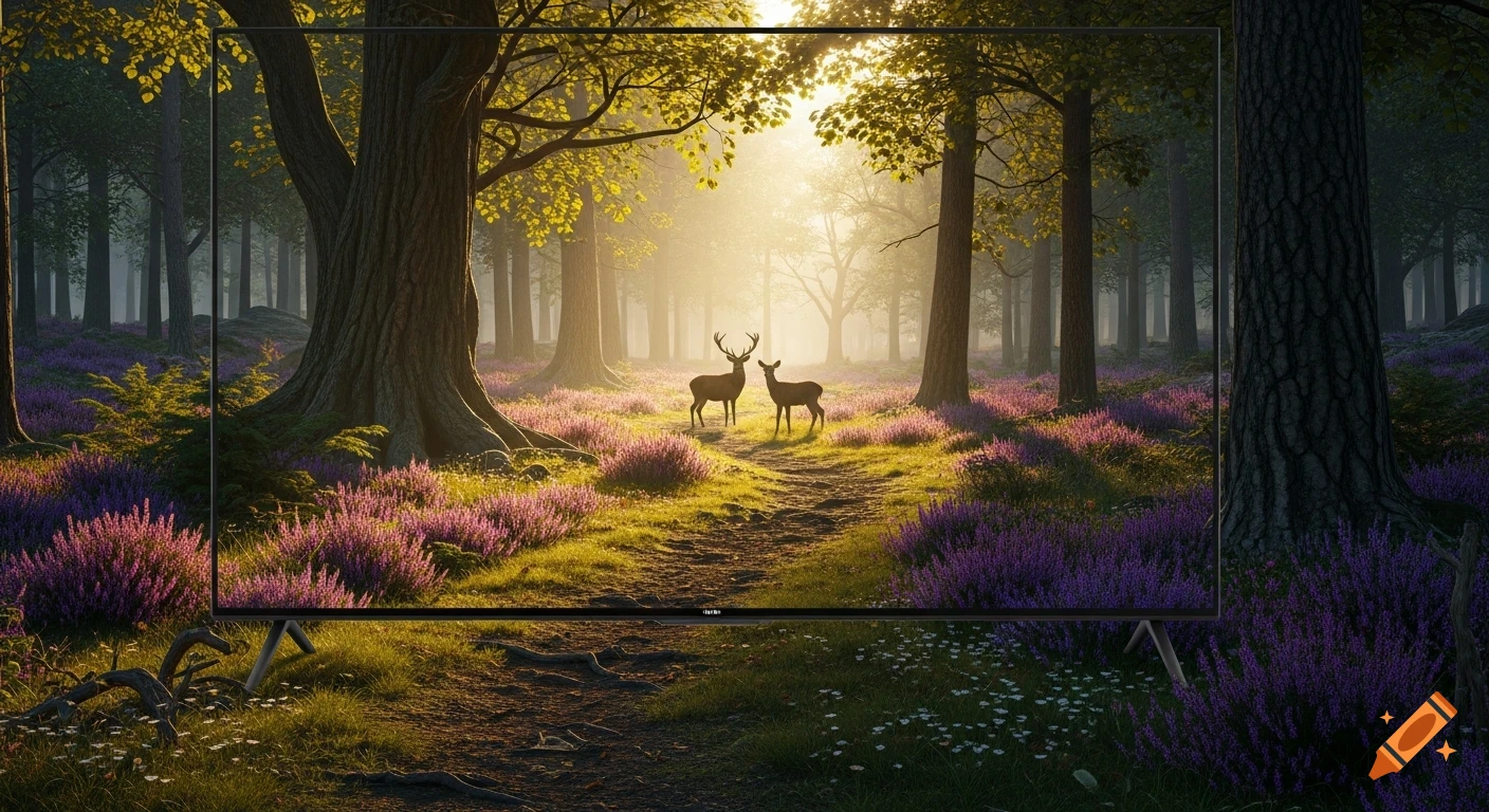 A photorealistic image of a sunlit forest with two deer and purple wildflowers, shown on a modern flat-screen television.