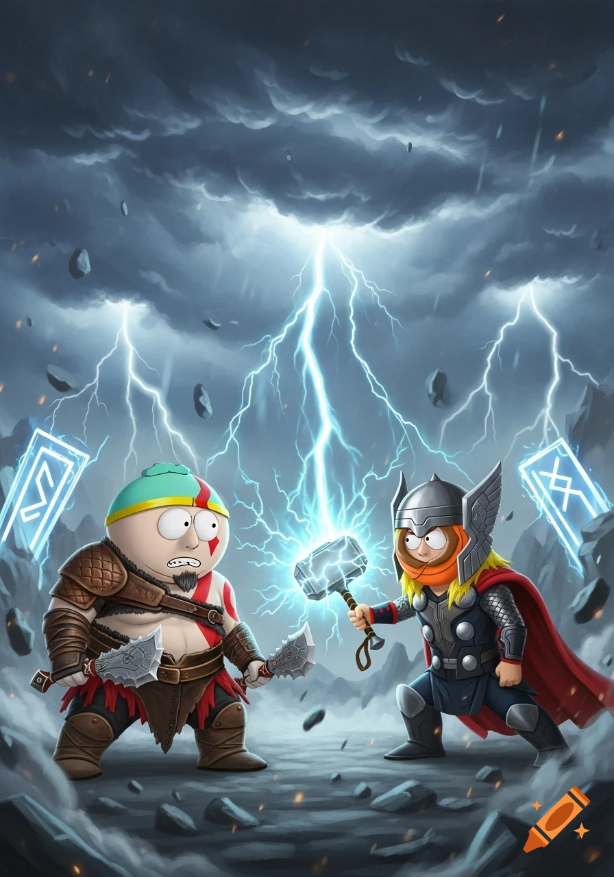South Park characters Cartman as Kratos and Kenny as Thor battle amidst a lightning storm in a detailed illustration.