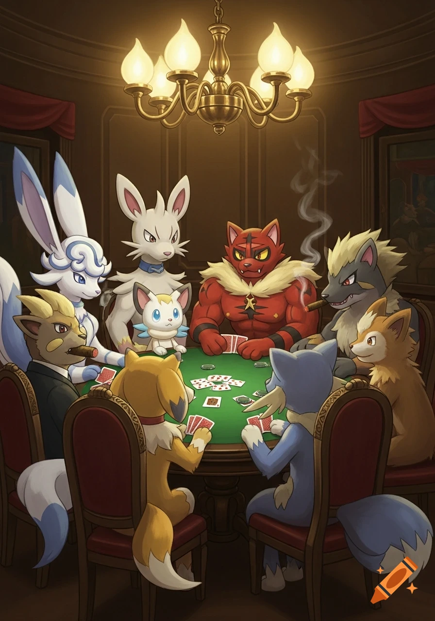 Anthropomorphic Pokémon characters, including Incineroar and Perrserker smoking a cigar, play poker at a green table under a chandelier.