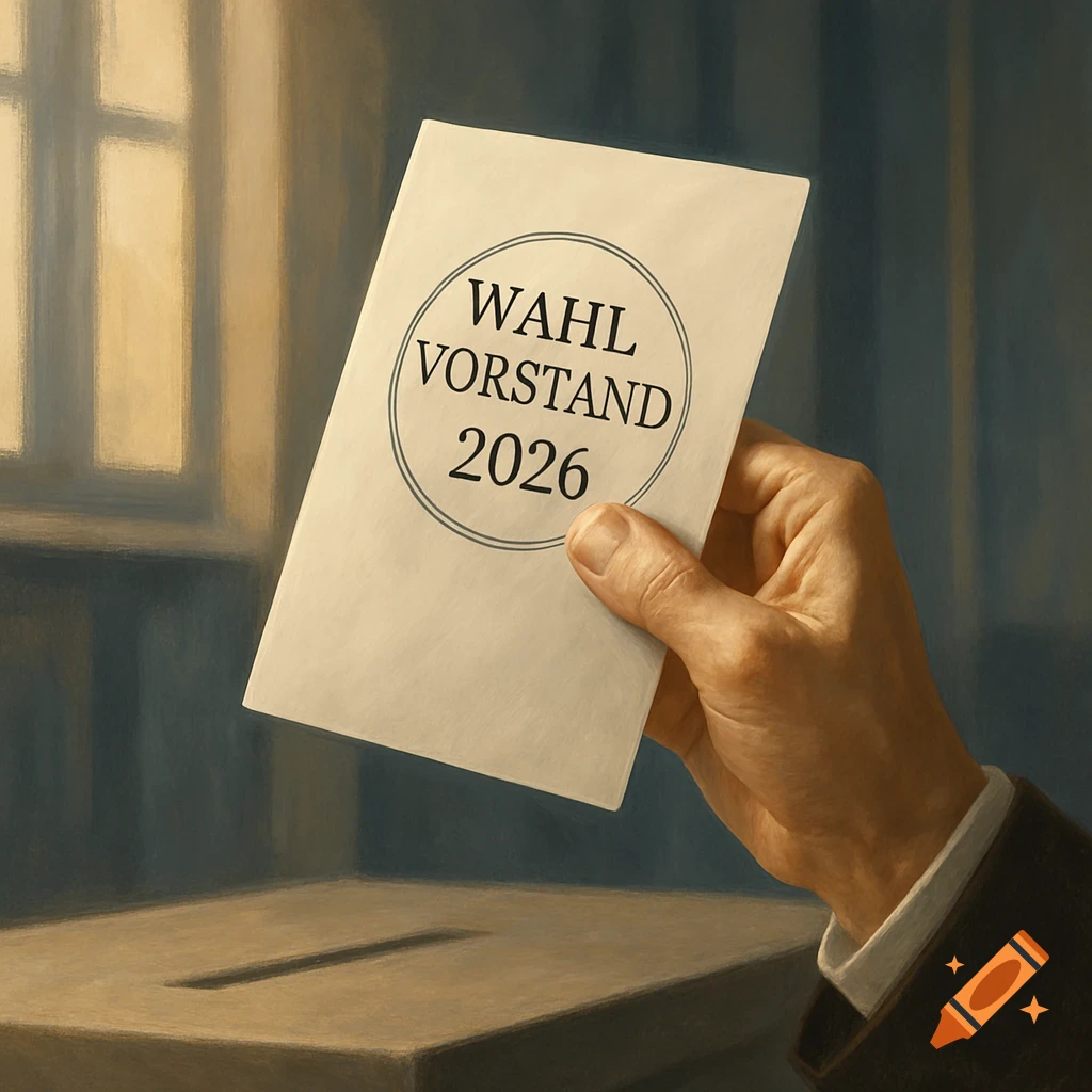 A hand drops a ballot with 'WAHL VORSTAND 2026' into a wooden ballot box, in a painted style.