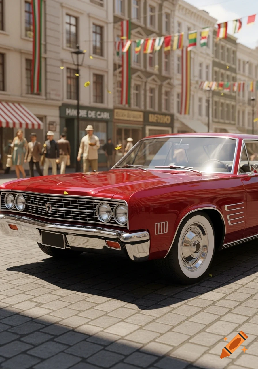 A glossy red vintage car with white wall tires parked on a cobblestone street in front of European-style buildings with flags and confetti.