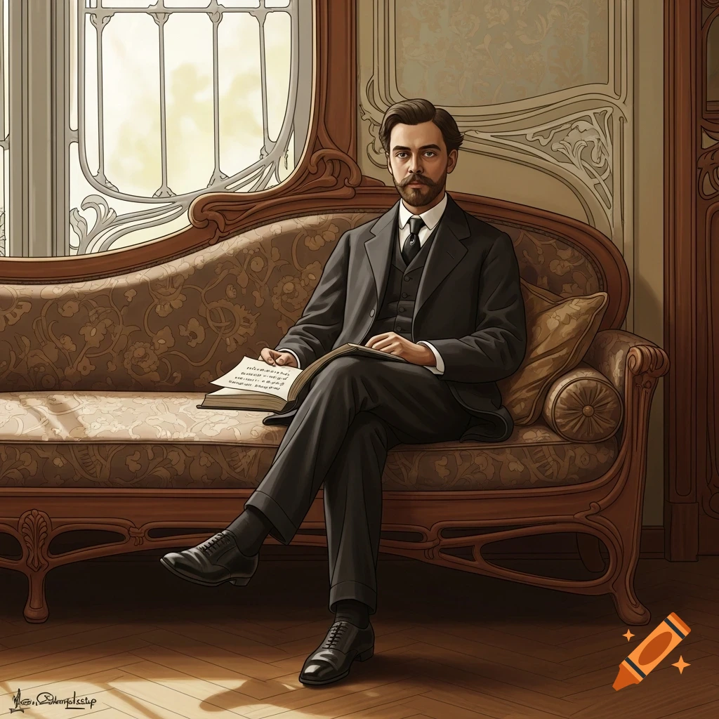 A man resembling Rilke sits on an ornate Art Nouveau sofa, holding an open book, by a large window.
