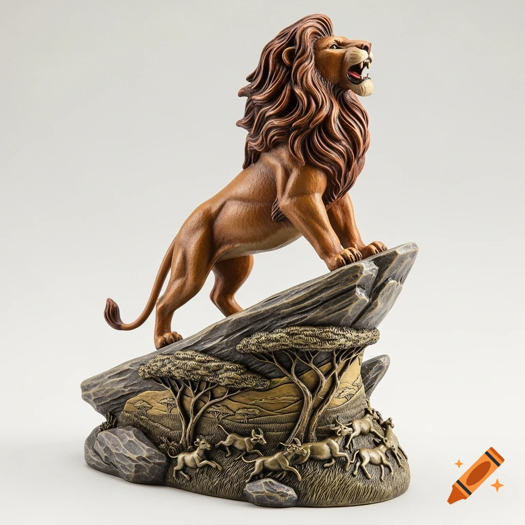Detailed figurine of a roaring lion atop a rocky base, with carved trees and running antelopes, in a Lion King style.