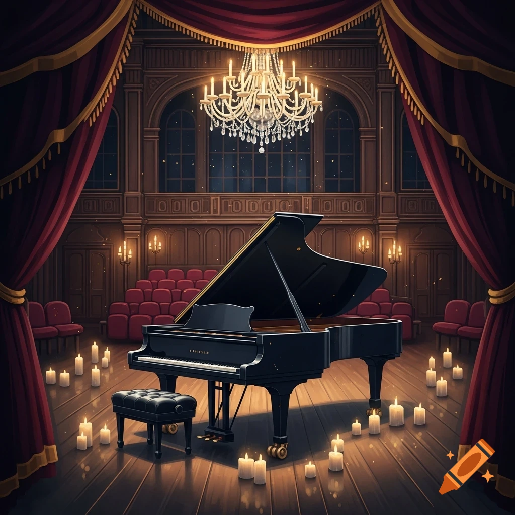 A grand piano and bench in an opulent hall with red velvet curtains, a large chandelier, and many lit candles on the floor.