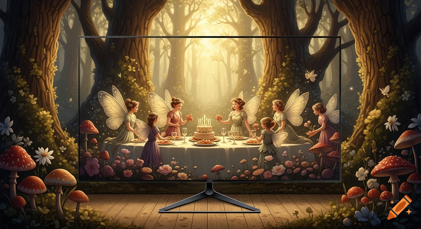 Painterly scene of winged fairies celebrating a birthday party in an enchanted forest with golden light, displayed on a modern TV.