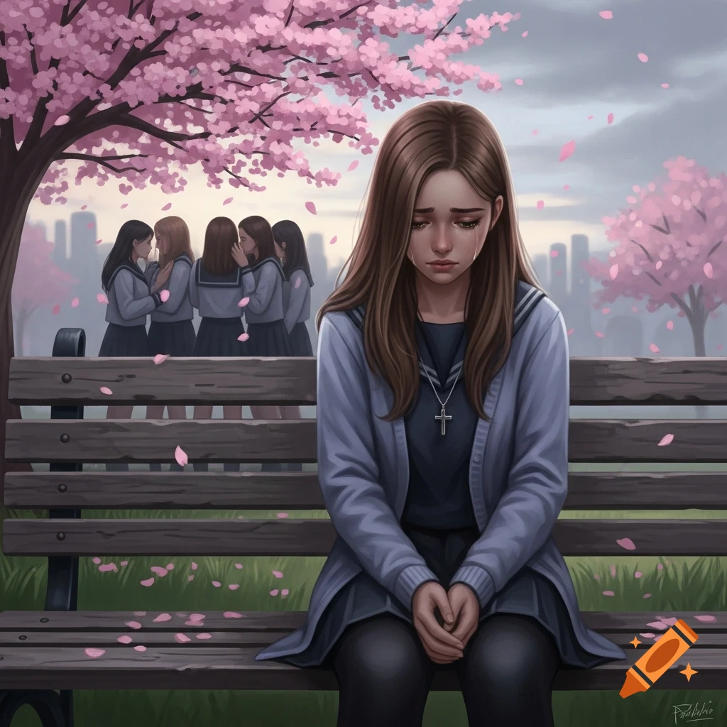 A sad girl in a school uniform with a cross necklace sits alone on a park bench under cherry blossoms, digitally painted.