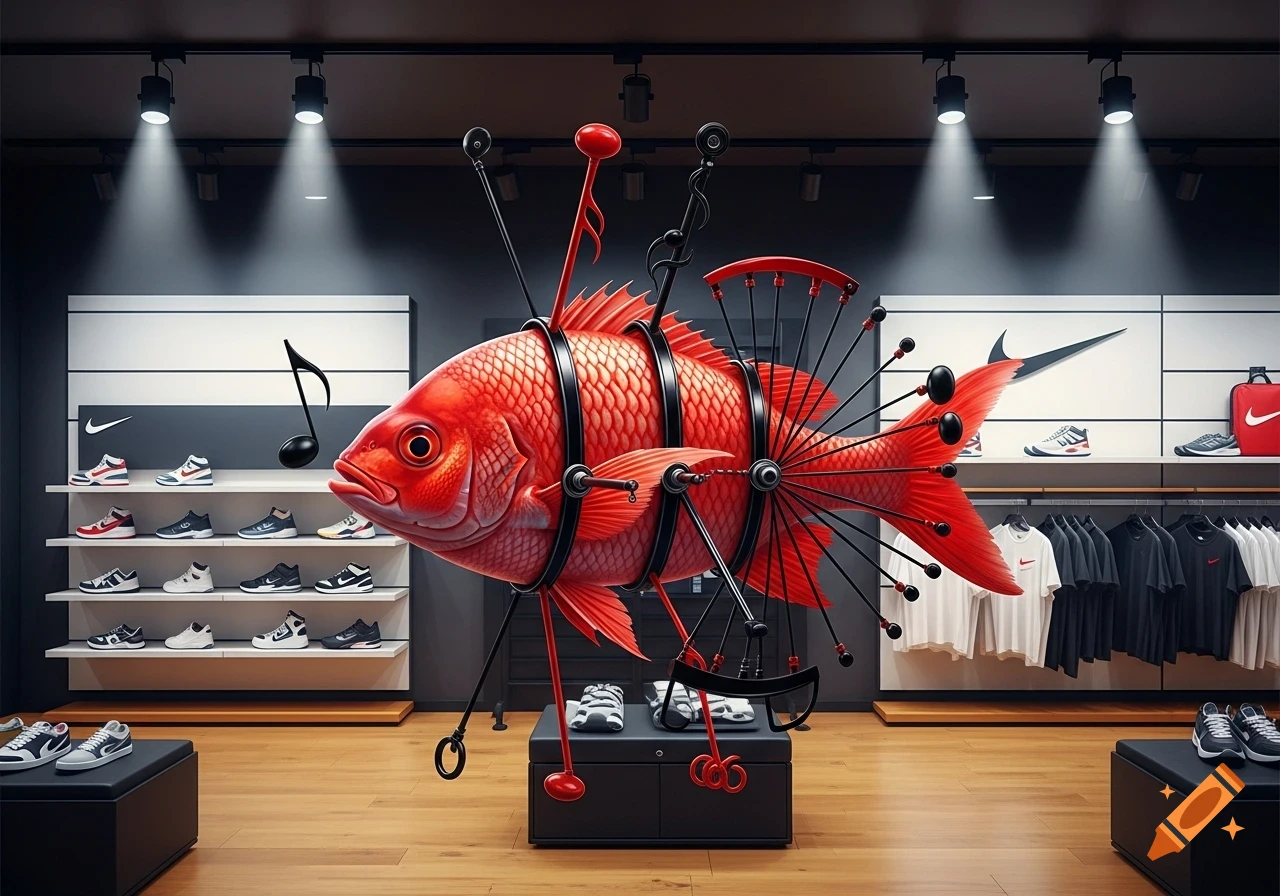 A large, bright red fish with black mechanical parts attached to it stands prominently in the center of a well-lit Nike store, surrounded by shoes and clothing displays.