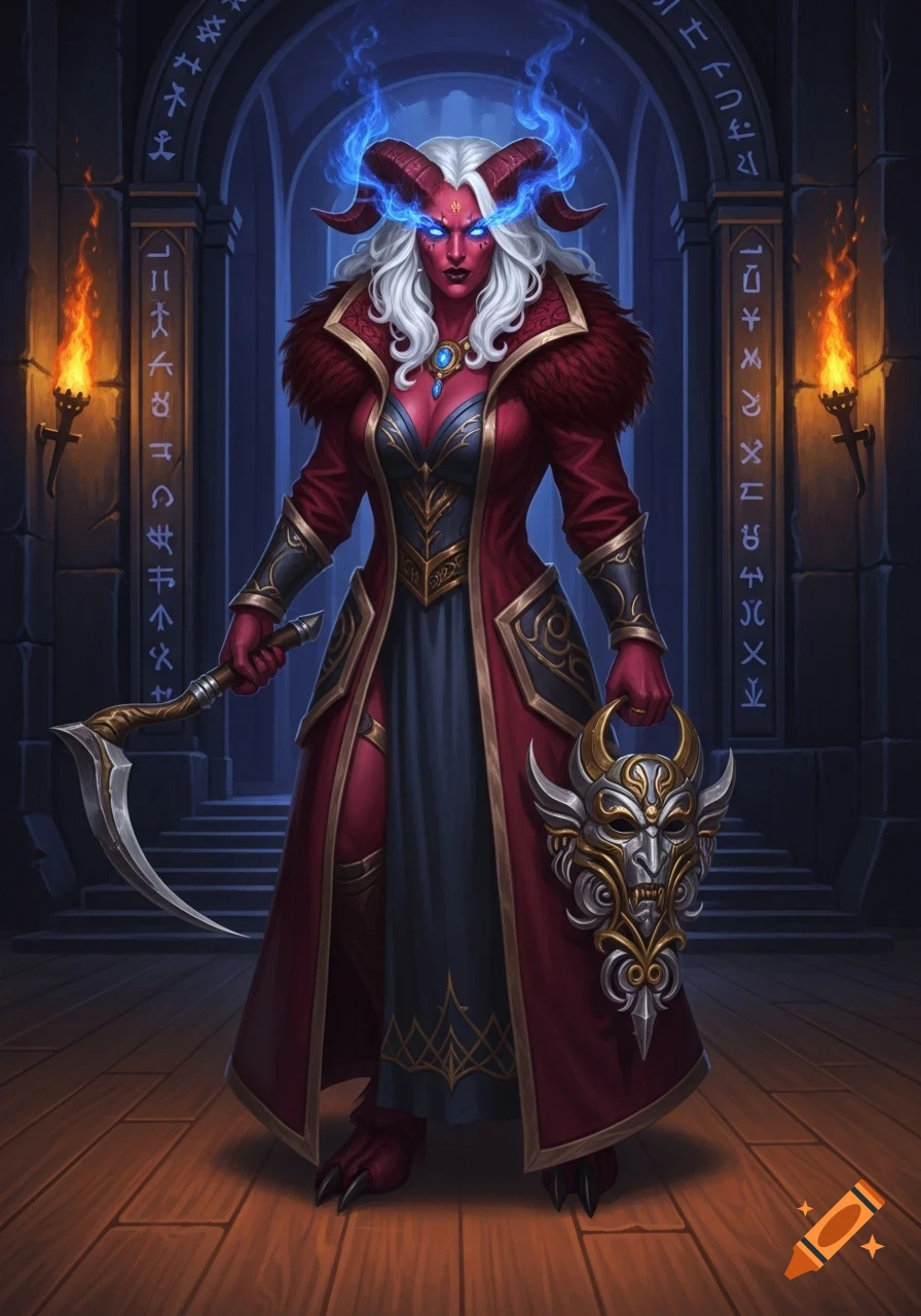 A female Tiefling warlock in a long red coat and blue dress, with glowing blue eyes, white hair, and red skin, stands holding a sickle and a decorative mask in a dark, ancient hall with torches and runes.