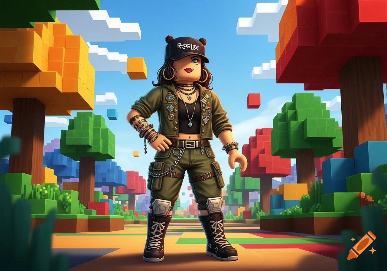 A stylized female character in a khaki outfit and cap stands in a vibrant blocky world with colorful trees.
