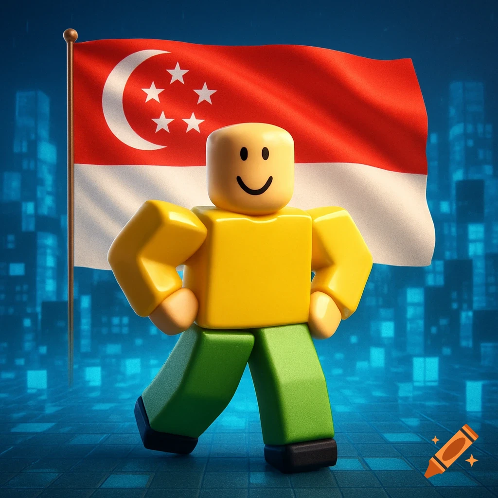 A smiling Roblox character in a yellow shirt and green pants stands confidently in front of a waving Singapore flag.