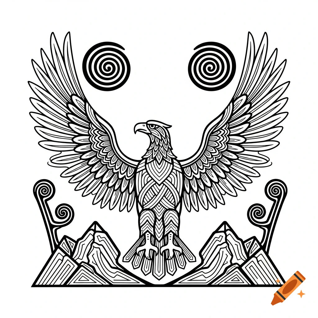 Stylized black and white line drawing of an eagle with spread wings perched above two mountains, featuring intricate geometric patterns.