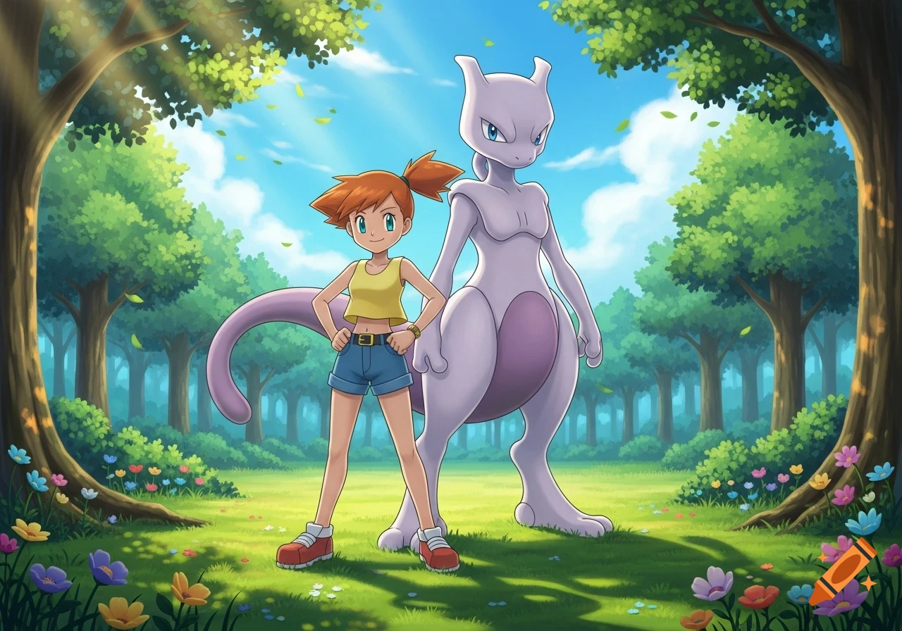 Misty and Mewtwo stand together in a sunny, flower-filled forest ...