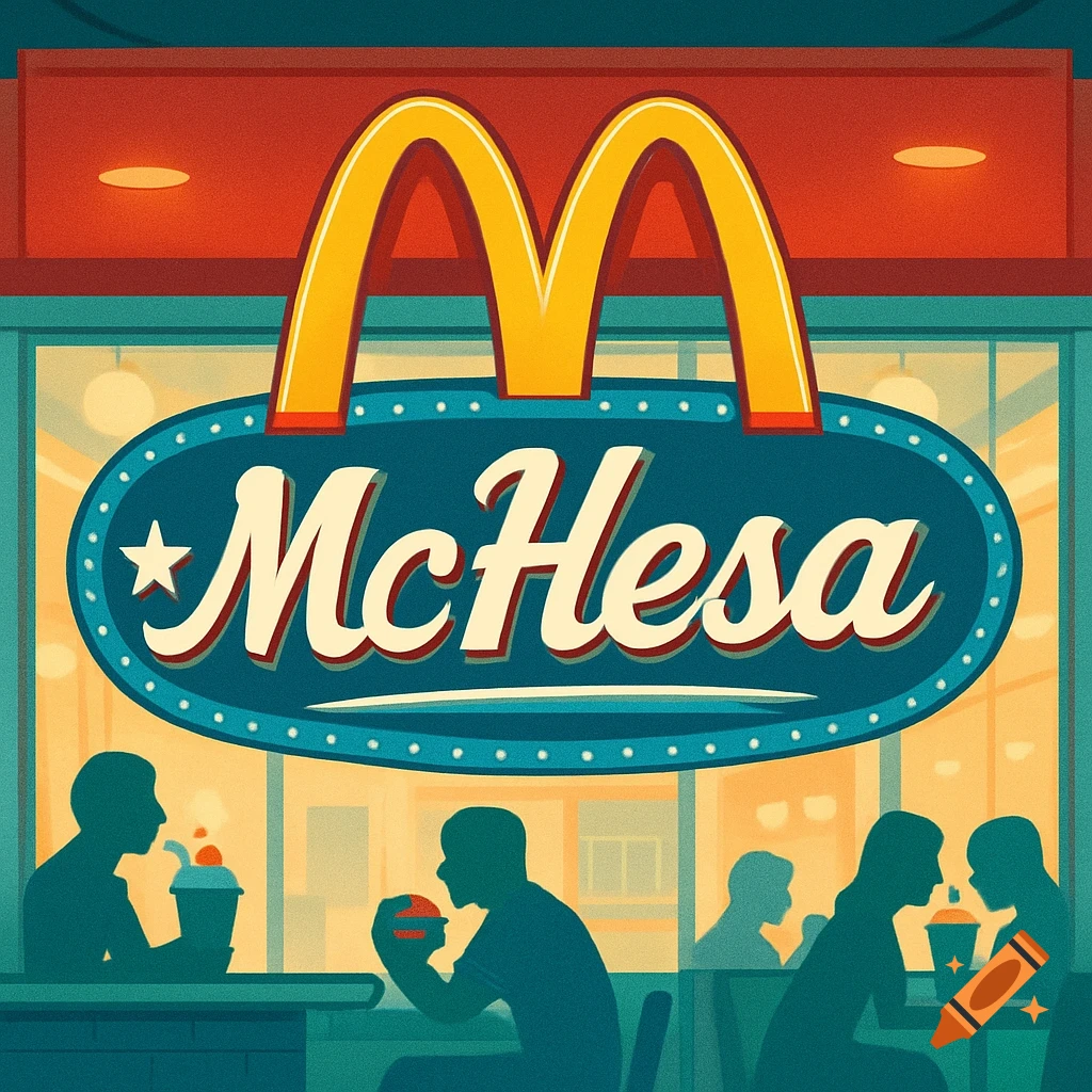 Retro illustration of a fast food restaurant with a prominent 'McHesa' sign and golden M logo, featuring silhouetted customers inside.