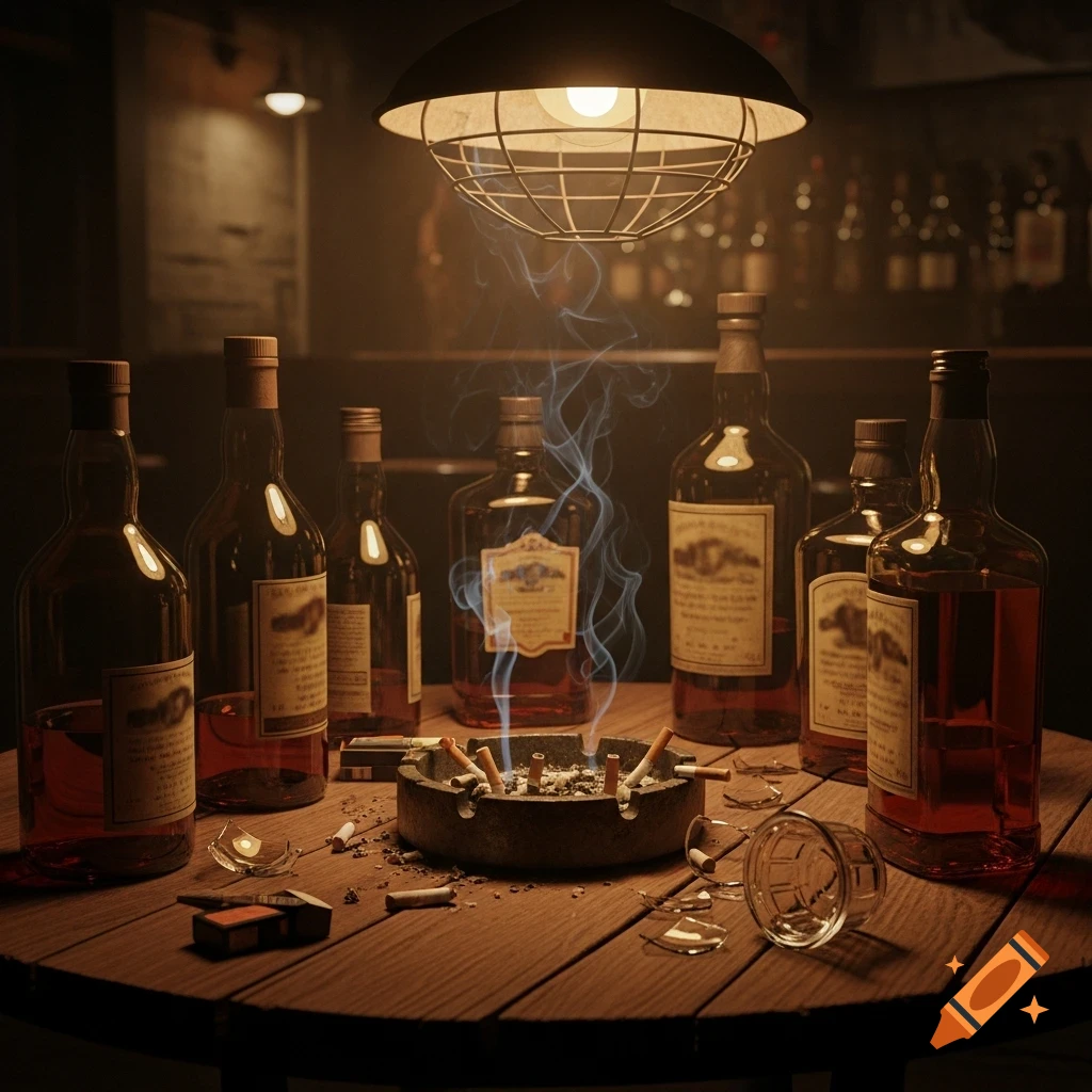 Still life of whiskey bottles, a full ashtray, smoke, and a broken glass on a wooden table in a dimly lit bar.