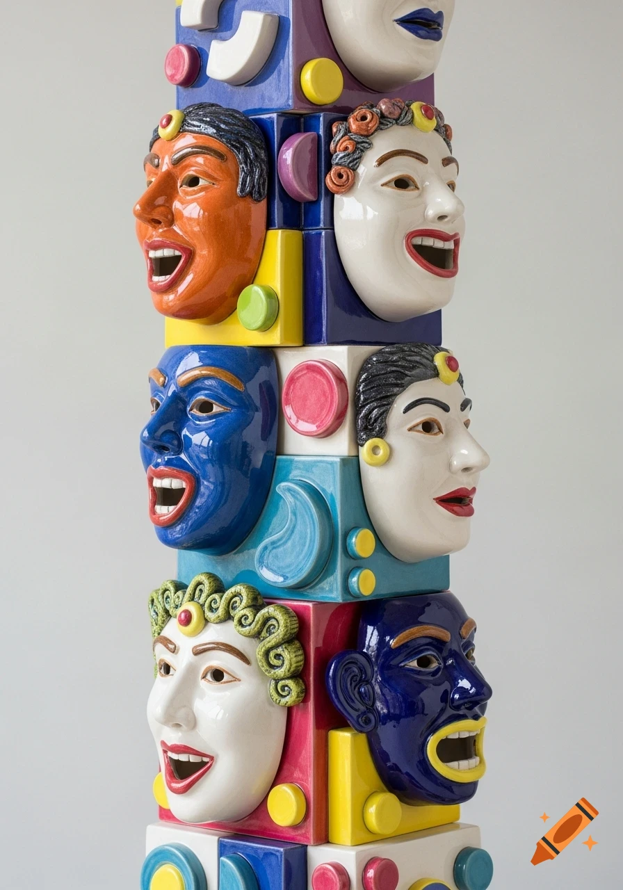 A colorful, vertically stacked ceramic totem featuring multiple mask-like faces and geometric blocks with bright, glossy glazes.
