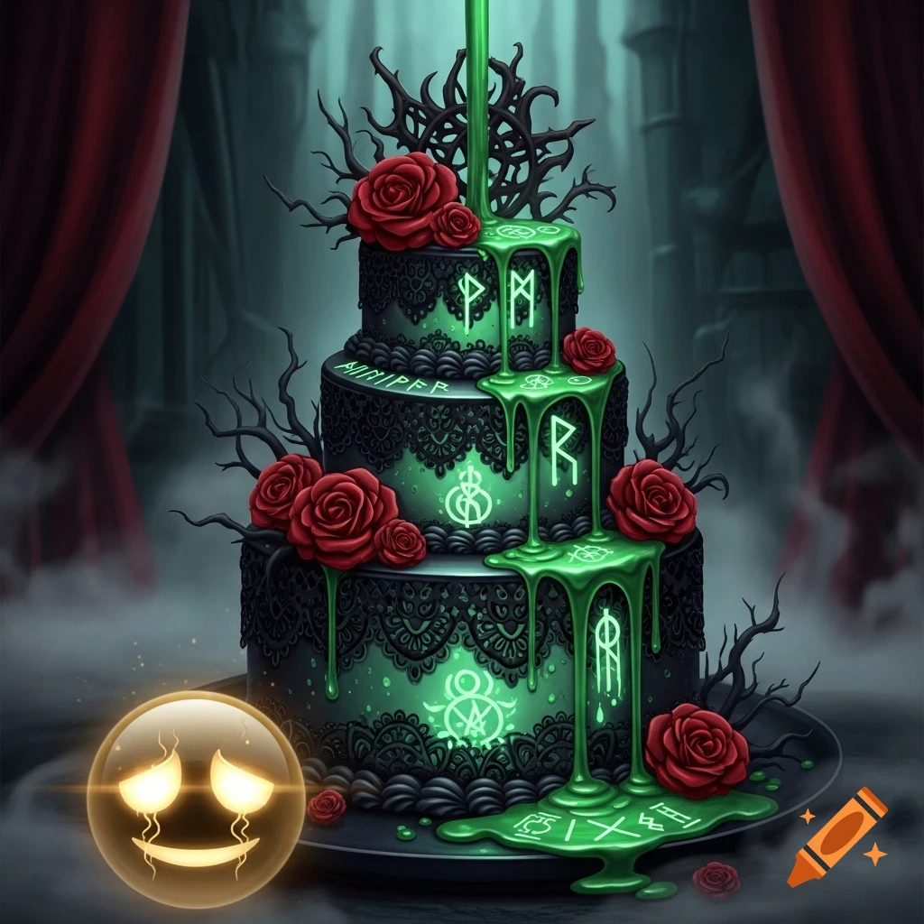 A gothic three-tier black cake with green slime dripping down, adorned with red roses and mysterious glowing symbols, with a glowing yellow crying emoji to the side.