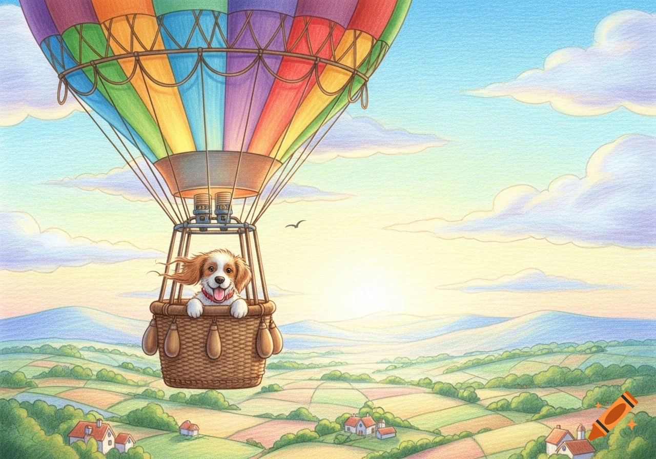Happy dog in a colorful hot air balloon, rendered in colored pencil texture, flying over a patchwork landscape.