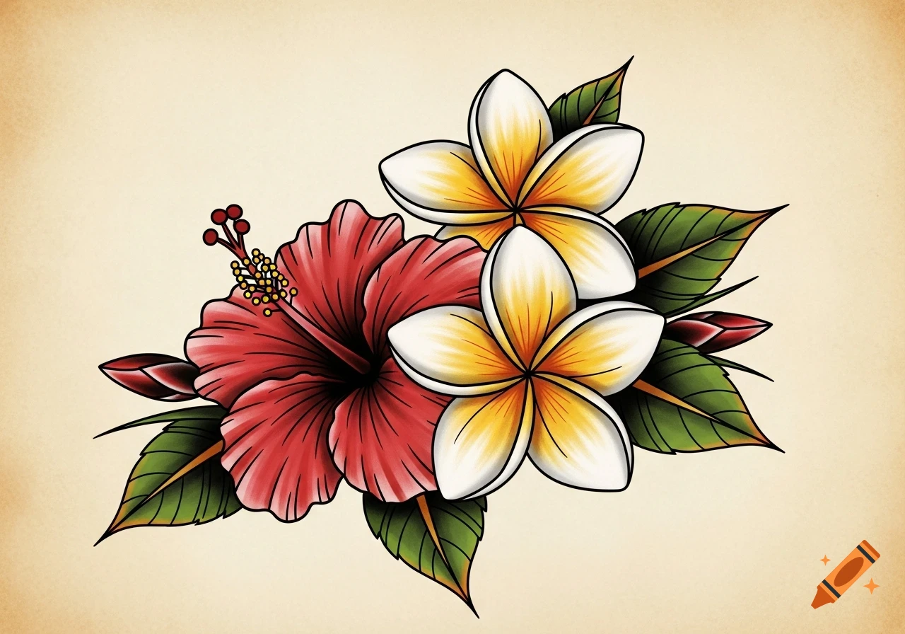 American traditional tattoo art of a red hibiscus and white and yellow plumeria flowers.