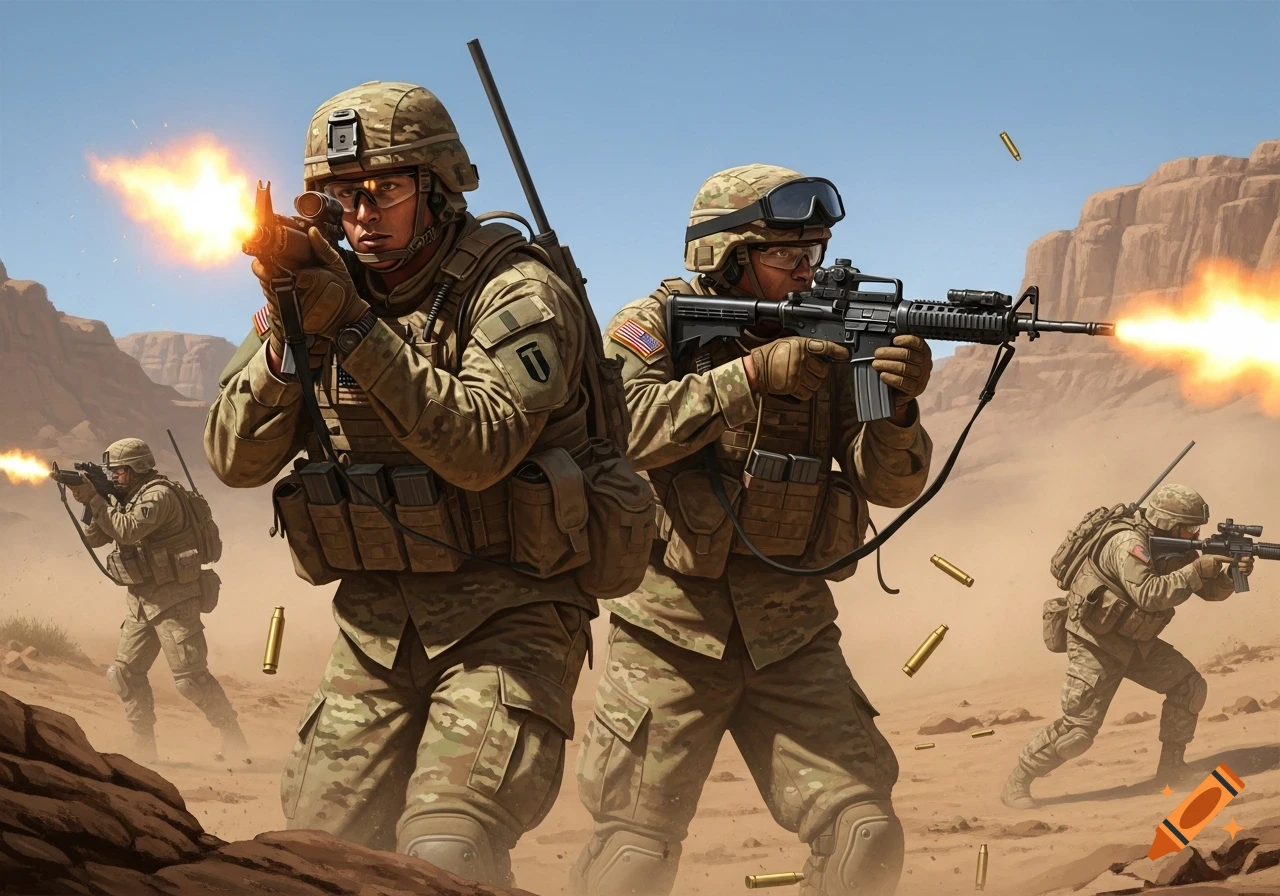 Two US Army soldiers in camouflage uniform are firing rifles with muzzle flashes in a rocky desert landscape.