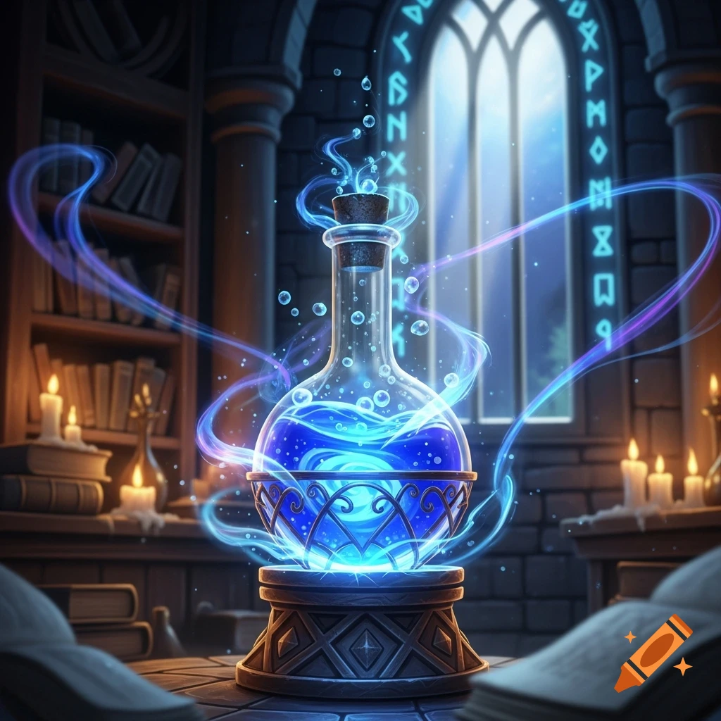 A glowing blue potion in an ornate bottle on a pedestal, surrounded by magical light in an arcane library with runic windows.