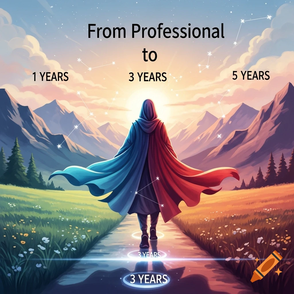 A hooded figure in a split blue and red cloak walks on a path towards mountains and a rising sun. Text above reads "From Professional to 1 YEARS 3 YEARS 5 YEARS," with