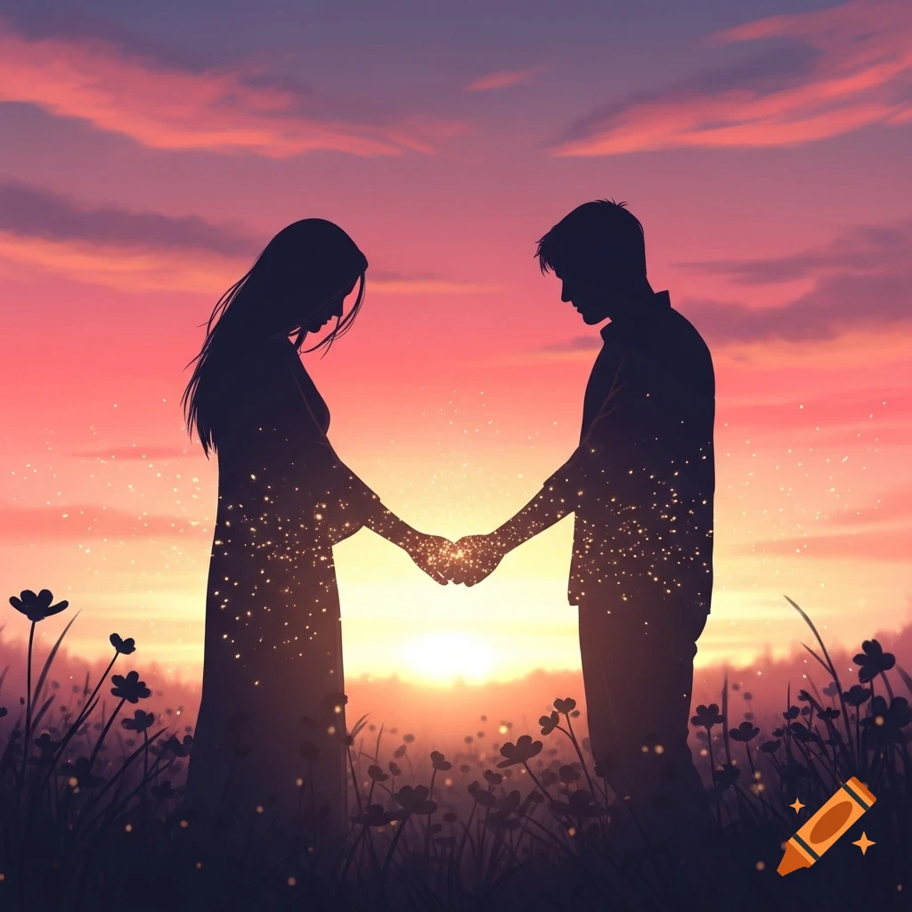 Silhouettes of a man and woman holding hands at sunset, sparkling light ...