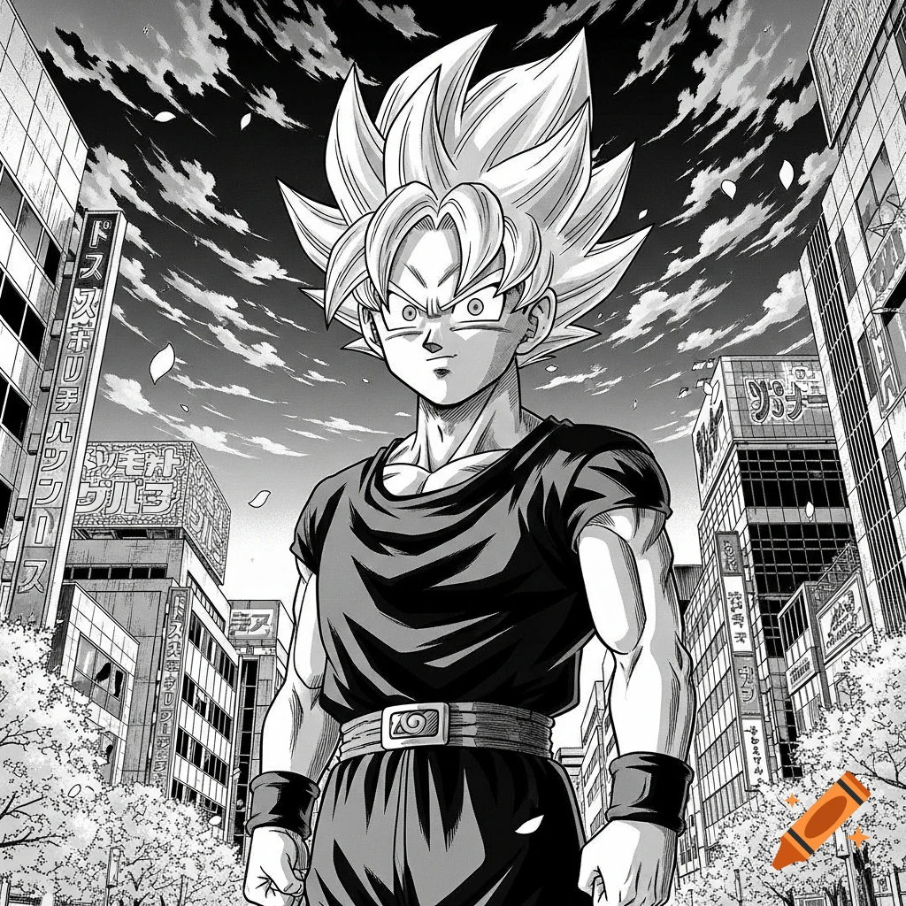 Goku in Super Saiyan form stands in a city street with buildings, drawn in a black and white manga style.