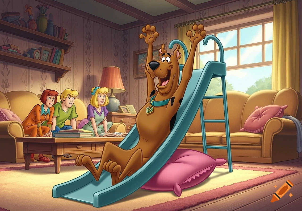 Scooby-Doo joyfully slides down an indoor slide onto a pink pillow as Shaggy, Daphne, and Velma watch from a living room sofa.