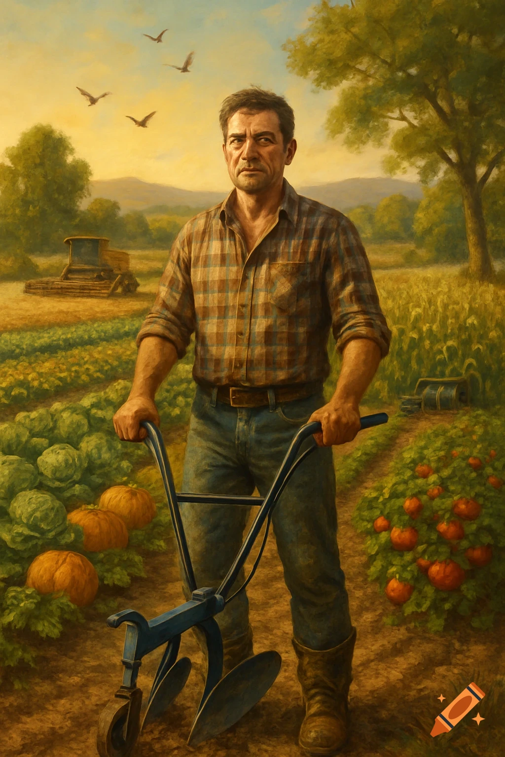 An oil painting of a farmer in a plaid shirt and jeans holding a plow in a field with various crops under a golden sky.