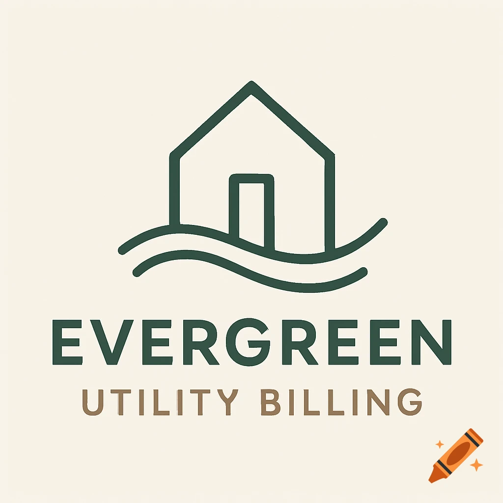 A minimalist logo for Evergreen Utility Billing, featuring a green outline of a house above wavy lines and text.