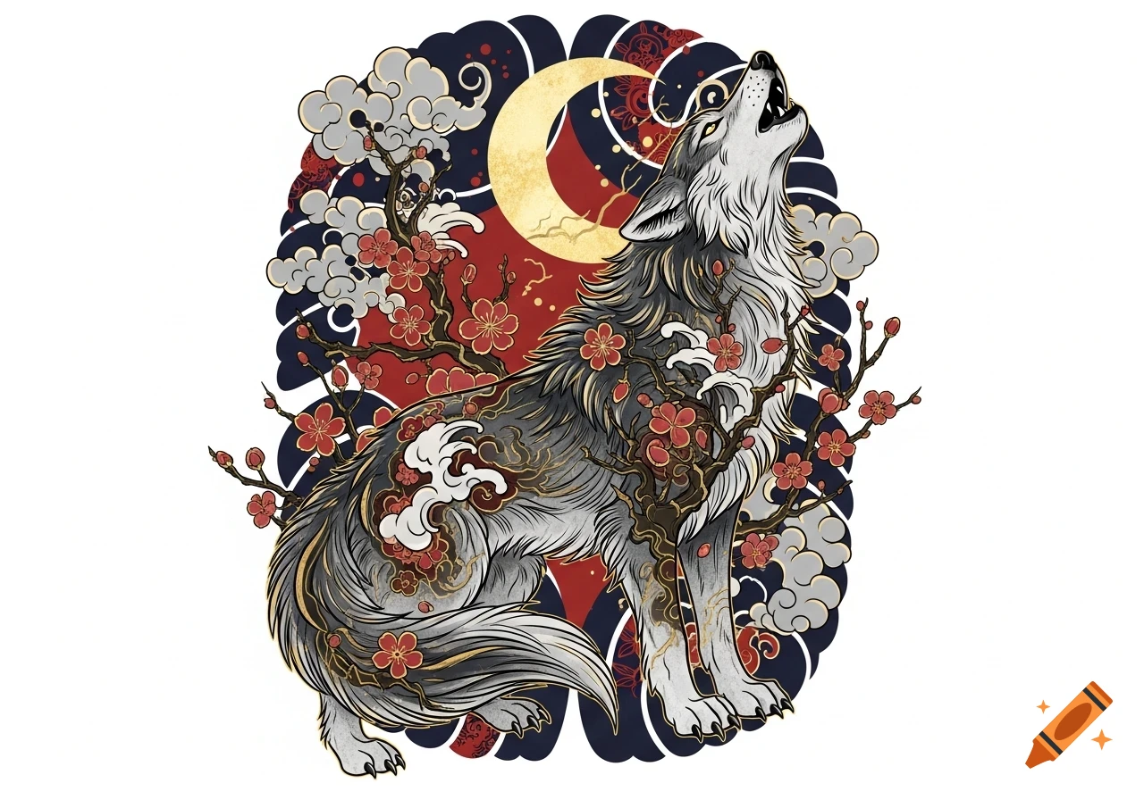 Stylized Japanese tattoo art of a gray wolf howling at a golden crescent moon amidst red cherry blossoms and clouds.