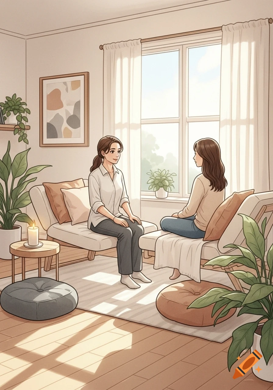 Two women talk in a bright, plant-filled room with large windows and warm sunlight, in a clean illustration style.