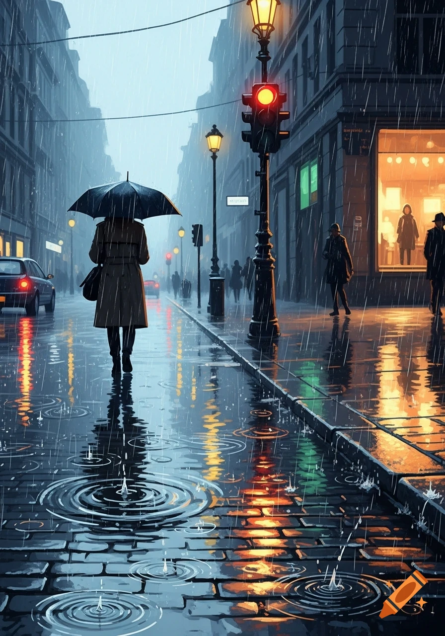 A person holding an umbrella walks down a wet, rainy city street at night, with reflections of streetlights and car lights on the pavement.