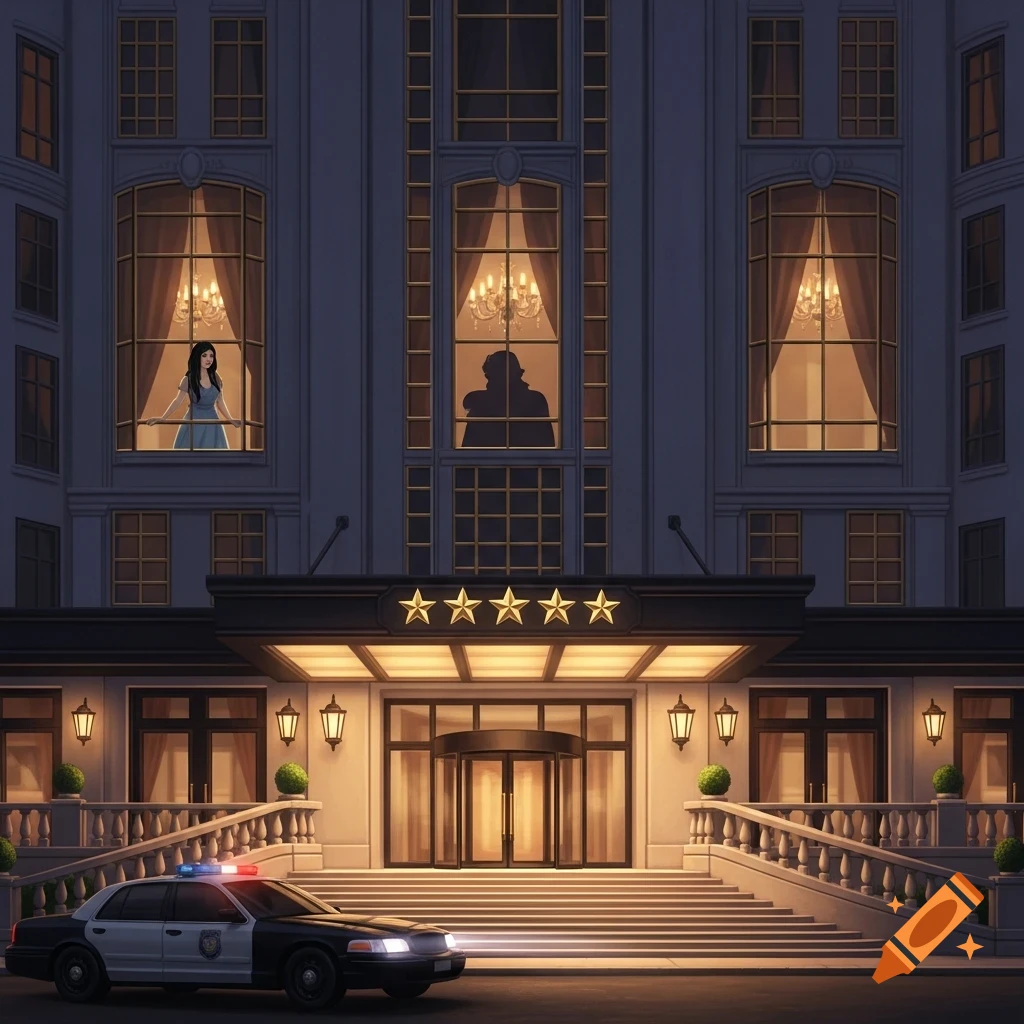 Illustrated grand hotel at night with a woman looking out a window and a police car parked at the entrance with five stars.