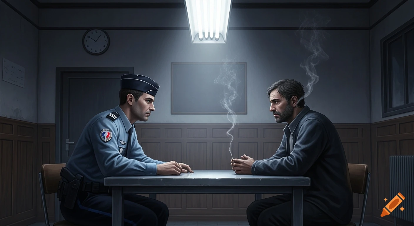 A photorealistic depiction of a police officer interrogating a man in a stark room, with smoke rising between them.