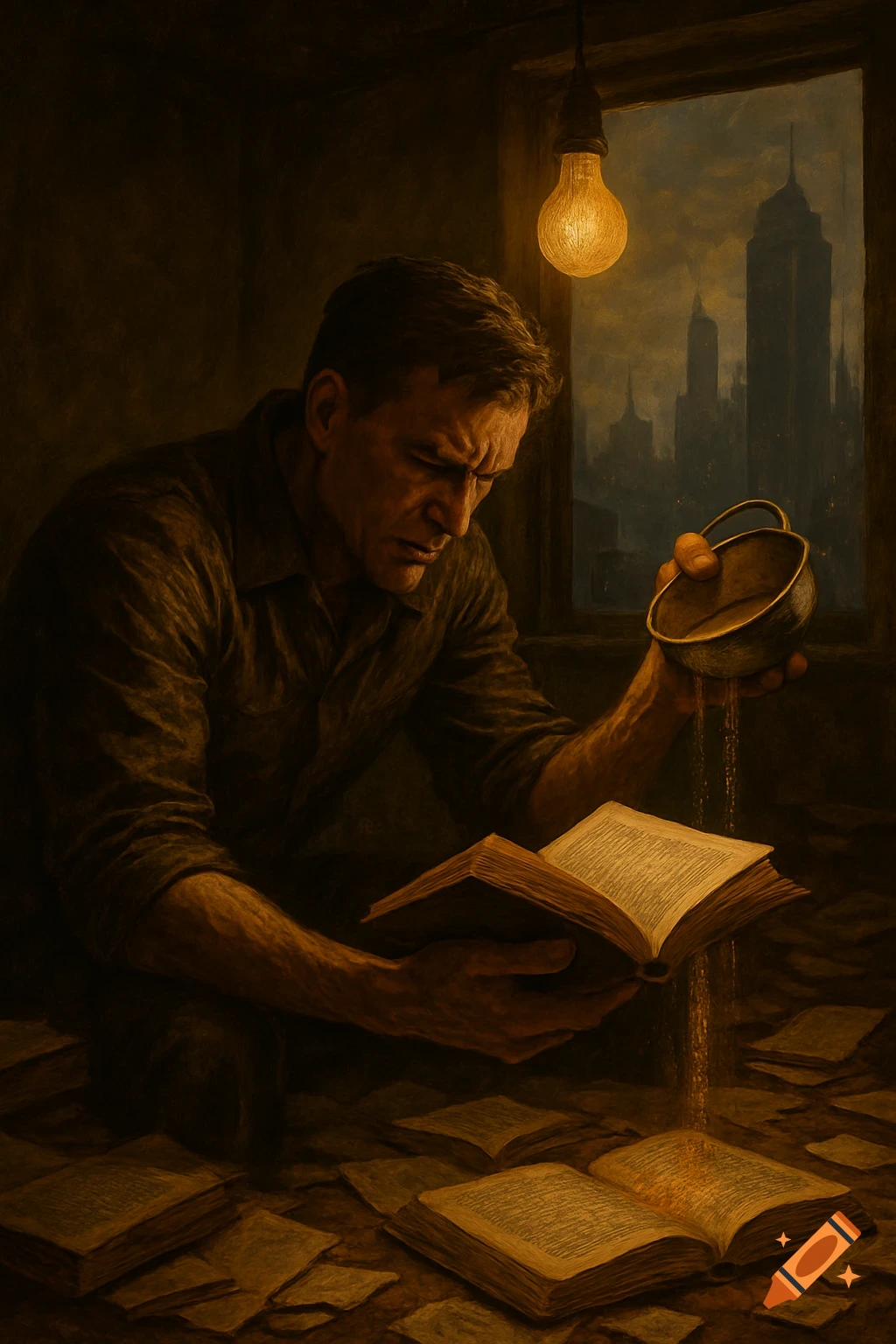A man reads intently under a dim light, sand pouring from a sieve onto scattered books. A dark city is visible outside, in a painterly style.