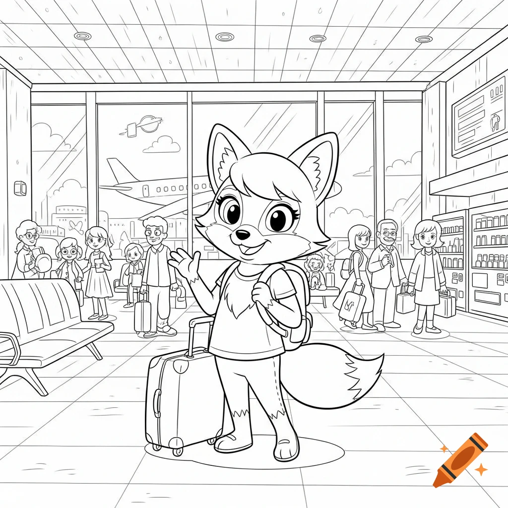 Friendly fox girl in line art coloring book style, wearing a backpack and holding a suitcase, standing in a busy airport lobby and waving.