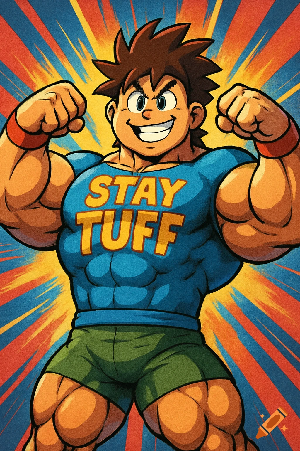 Muscular anime boy, Tuff from Kirby, flexing in a blue 'STAY TUFF' shirt and green shorts against a vibrant burst background.
