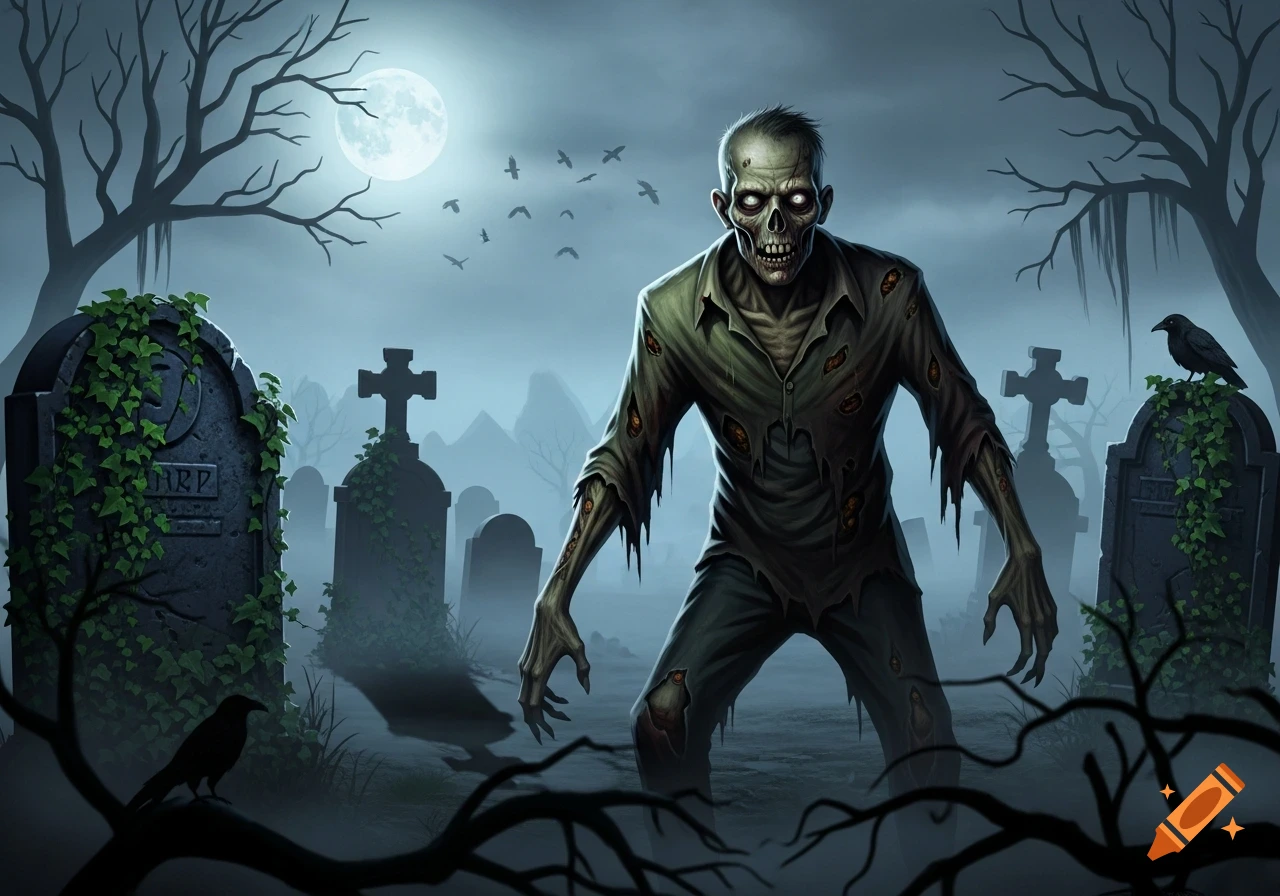 An eerie illustration of a zombie with glowing eyes standing in a foggy graveyard at night, under a full moon, with bare trees and crows.