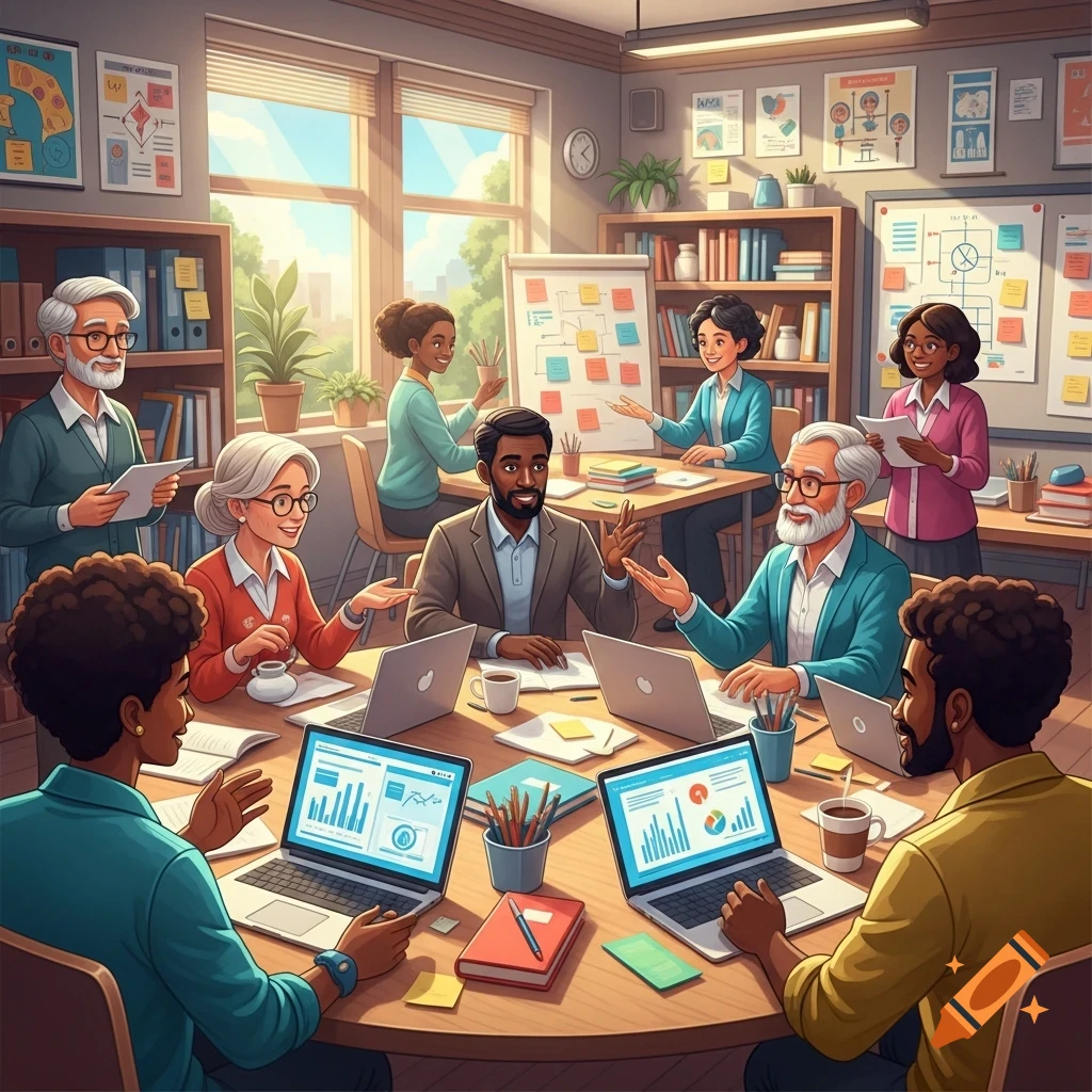 A diverse group of adults collaborating in a bright office meeting room, gathered around a table with laptops.