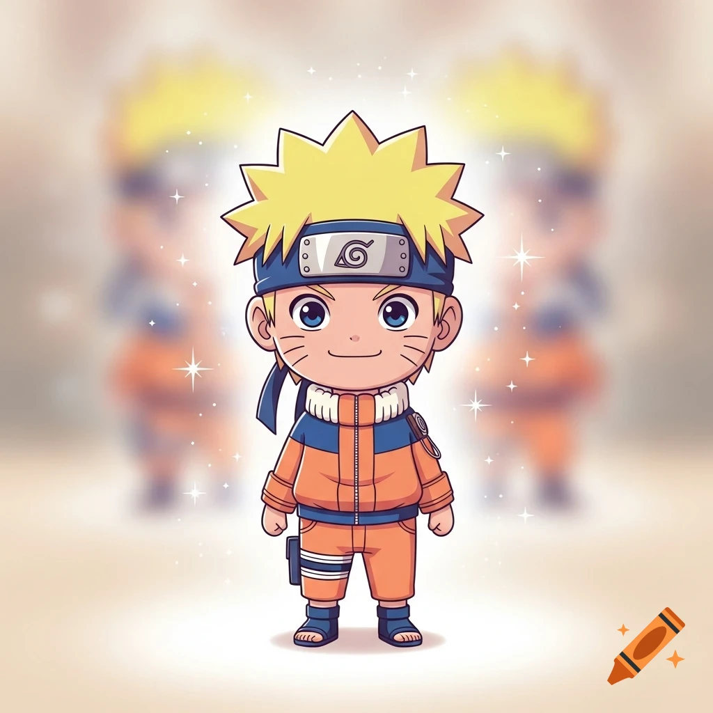 A cute chibi Naruto with spiky blonde hair, a blue headband, and an orange jumpsuit, standing with a white glow.