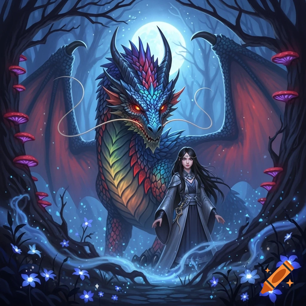 A vibrant blue and red dragon with glowing eyes and a dark-haired girl in a mystical forest, under a full moon with glowing blue flowers.