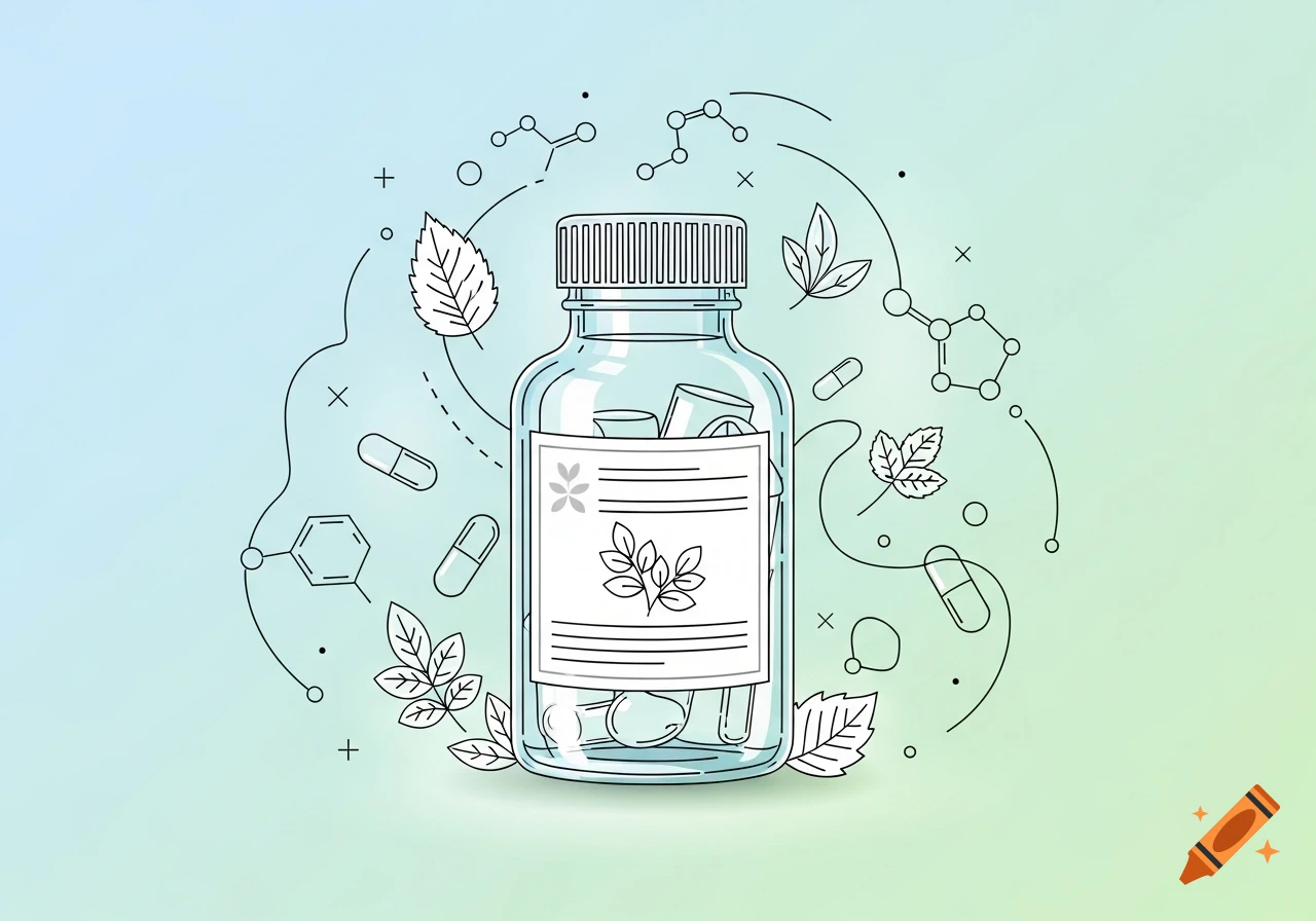 Vector illustration of a clear medicine bottle with a label, surrounded by floating pills, leaves, and molecular structures on a gradient background.